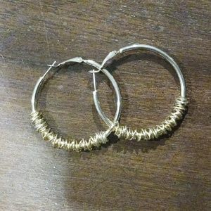 Hoop Pierced earrings 1.5" gold and silver tone wire wrap Style